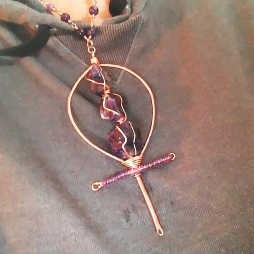 Chunky Amethyst Copper Ankh Necklace